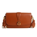 Vintage brown leather crossbody bag with gold buckle and wide woven shoulder strap - Brown