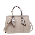 Chique beige emmer tas van generfd leer met zijden sjaal en verstelbare riem - Broken Wit