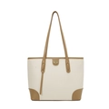 Retro cream and brown contrast stitching tote bag with gold M logo for daily commuting - White