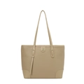 Beige tote bag in lychee pattern leather featuring a golden M logo and shoulder straps - Khaki