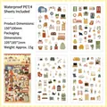 Set of 4 waterproof PET stickers with home life illustrations including cats and plants - Daily Home