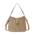 Secchiello vintage in pelle plissettata beige con fibbia a C e tracolla rimovibile - Cachi