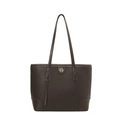 Dark brown large tote bag in textured leather with golden M circular charm - Brown