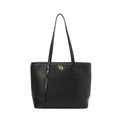 Black pebble leather tote bag with a round gold M logo on a clean white background - Black