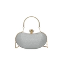 Sparkly silver bean-shaped evening clutch bag with golden ring handle and crown clasp - Silver