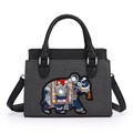 Sac à main en tissu gris avec broderie éléphant colorée et anses en cuir noir - gris foncé