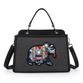 Bolso tote tejido gris con bordado de elefante vintage y asas de cuero negro - Gris oscuro