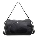 Large capacity black woven leather travel duffel bag with side zipper and shoulder strap - Black