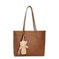 Braune JK-Einkaufstasche aus Leder mit Litschi-Maserung und Teddybär-Anhänger - Gelb (Ohne Anhänger)