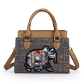 Sac à main rétro marron avec broderie éléphant, perles et texture de tissu élégante - Kaki