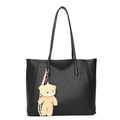Large black tote bag with litchi texture and a cute brown plush bear charm - Black
