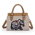 Sac à main ethnique avec broderie éléphant et détails en similicuir doré - Beige
