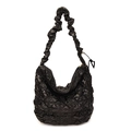 Fashionable black quilted cloud bag with pleated shoulder strap in glossy nylon finish - Black
