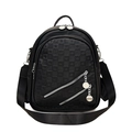 Chic black soft leather backpack for women featuring unique checkered pattern and metallic charms - Black (5009)