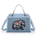 Borsa tote celeste con ricamo a elefante dettagliato e tracolla regolabile in pelle - Blu