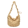Golden quilted cloud tote bag with metallic finish and ruffled puff shoulder strap - Gold