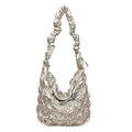 Metallic silver ruched cloud tote bag with quilted texture and pleated shoulder strap - Silver