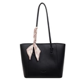 Large black tote bag in lychee pattern leather with stylish silk scarf handle wrap - Black