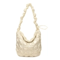 Borsa a nuvola trapuntata color champagne satinato con tracolla arricciata - Bianco