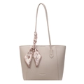 Large beige tote bag with litchi texture and pink houndstooth silk scarf on handles - Off White