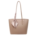Grand cabas en cuir grainé beige avec un ruban décoratif pied-de-poule rose - Abricot