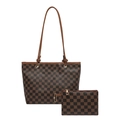 Set borsa tote a scacchi in due pezzi con motivi floreali e pochette coordinata - Marrone