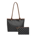 Borsa tote a scacchi classica con pochette e manici in pelle marrone annodati - Nero
