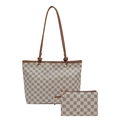 Set 2 pezzi borsa tote e pochette a scacchi vintage con manici in pelle marrone - Cachi