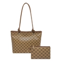 Borsa tote a scacchi marroni e portamonete abbinato con eleganti motivi floreali geometrici - Marrone