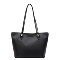 Classic black leather tote bag with lychee texture and gold lettering branding - Black