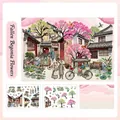 Set di adesivi 3D in PET con architettura cinese e motivi di paesaggi floreali rosa - Caduta di Fiori di Begonia Selvatica