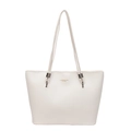 Minimalist white leather tote bag with thin straps and gold lettering on white background - White
