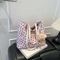 Pink bow-knot pattern tote bag with white shoulder straps and yellow plush charm - With Charm / Pink