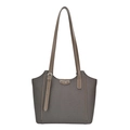 Deep grey canvas tote bag with khaki straps and fashion leather badge on white background - Gray