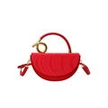 Red moon-shaped leather handbag featuring unique gold spiral handle and crossbody strap - Red