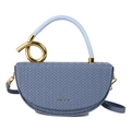 Sac bandoulière bleu tissé demi-lune avec poignée dorée asymétrique et lanière cuir - Bleu