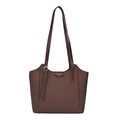 Large dark brown woven tote bag with adjustable leather handles and fashion logo label - Brown