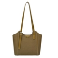 Deep khaki tote bag with cross-grain leather texture and gold logo hardware - Green