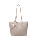 Bolso tote grande beige de cuero sintético granulado con pañuelo decorativo de pata de gallo - Blanco Roto