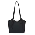 Large black textured fabric tote bag with long leather straps and fashion label - Black