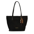 Borsa tote in camoscio nero minimalista con logo dorato e ciondolo in perline di legno - Nero (Con Ciondolo)