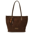Borsa tote in pelle scamosciata marrone scuro con manici lunghi e ciondolo retrò - Caffè (Con Ciondolo)