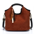 Vintage brown quilted suede bucket bag with black leather handle and ethnic bead charm - Brown (Suede-Look/No Charm)