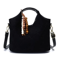 Retro black quilted bucket bag with vintage wooden bead charm and crossbody strap - Black (Suede-Look/No Charm)