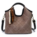 Brown suede bucket bag with white diamond stitching and wooden bead tassel ornament - Gray (Suede-Look/No Charm)