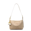 Borsa a spalla minimalista beige in finta pelle scamosciata con ciondolo mini borsa dorato - Cachi