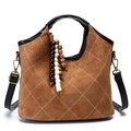 Brown frosted leather tote bag with white diamond stitching and beaded charm - Khaki (Suede-Look/No Charm)