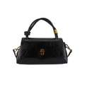 Minimalist black patent leather handbag with gold metal twist lock and knot detail - Black