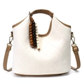 Beige quilted bucket bag with dark brown handles and wooden bead pendant accessory - White (PU Style/No Charm)