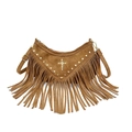 Boho dark brown suede crescent bag with metal studs, cross buckle, and long fringe tassels - Brown